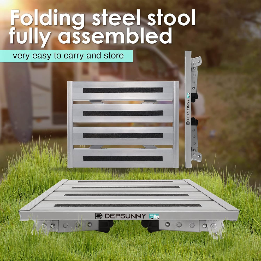 Adjustable RV Step Stool, Wide Platform, Foldable Legs, Silver