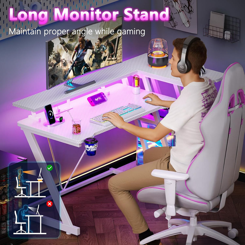 Korfile 47 Inch Gaming Desk with Power Outlet, LED, Carbon Fiber White