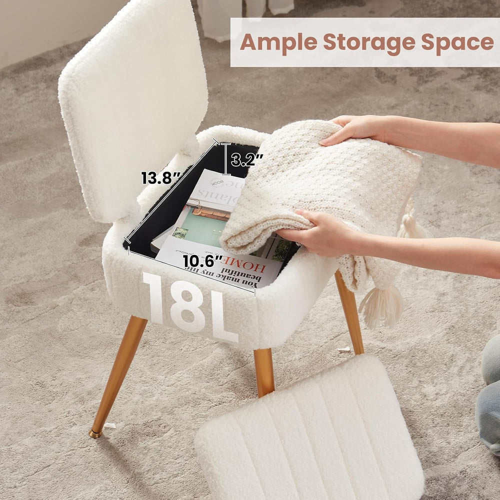 Vanity Chair with Storage Stool with Folding Back Makeup Chair