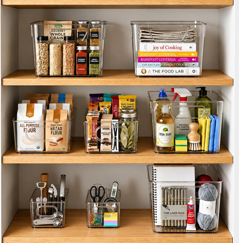 8 Pack Clear Bins for Organizing, Pantry Storage Bins, 3 Sizes: 4L+2M+2S