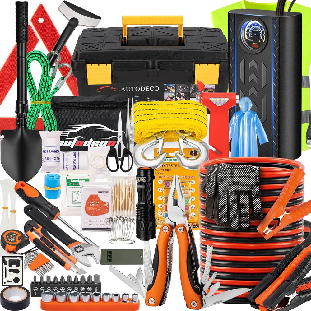 98 PCS Roadside Car Emergency Assistance Kit with Portable Air Compressor Jum...