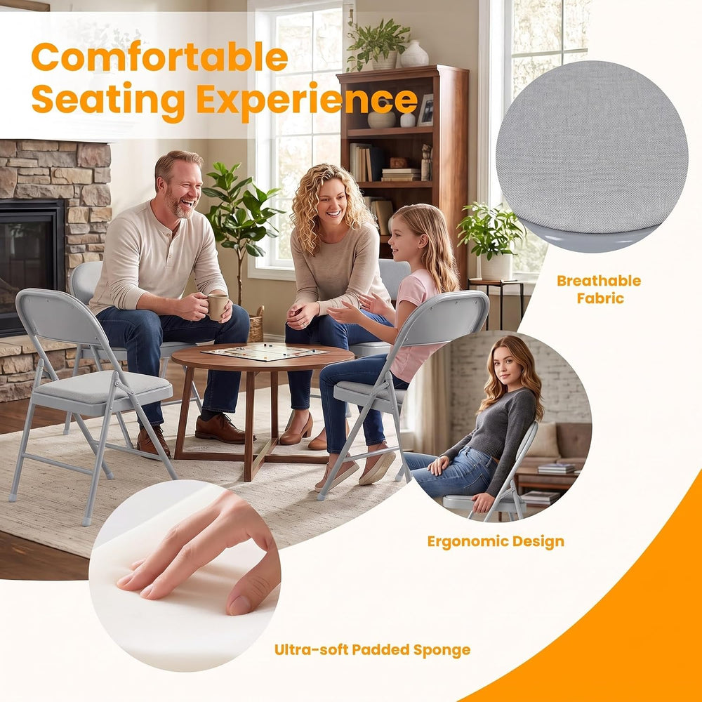 Fabric Padded Folding Chairs with Cushion and Back for Dining Gray