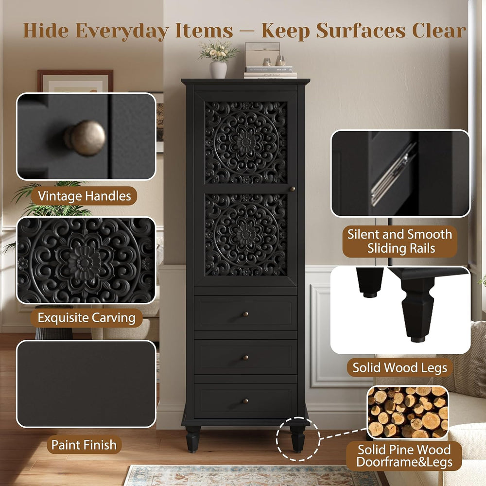 Accent Cabinet with Doors, 63" Tall Vintage Storage Cabinet Black