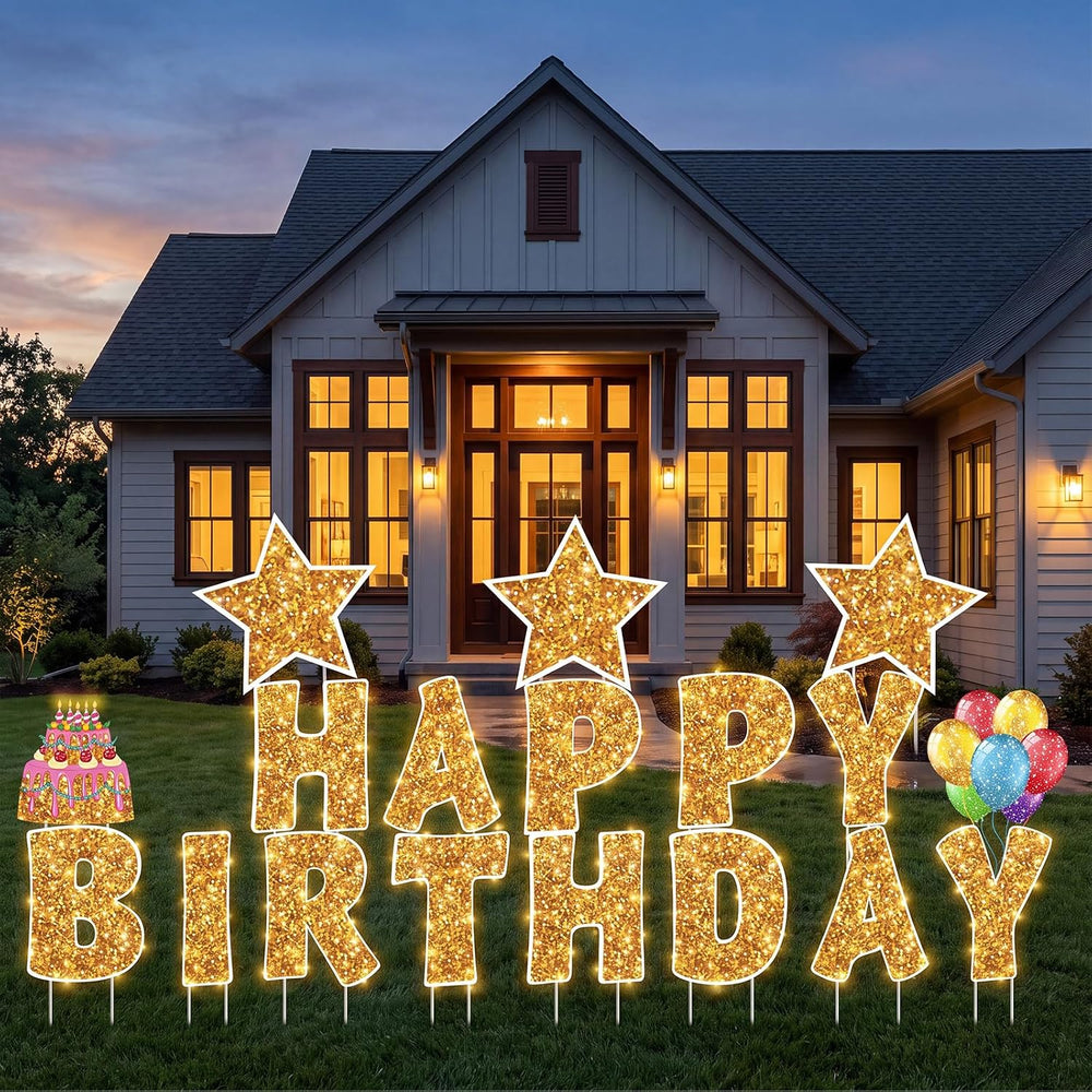 Jetec 18 Pcs Happy Birthday Yard Sign with Stakes and Light, Gold