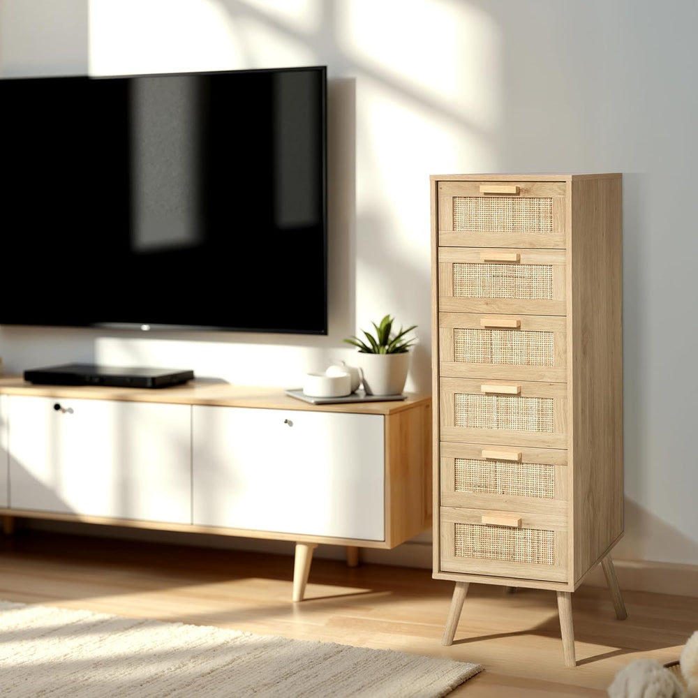 Finnhomy Rattan Dresser for Bedroom, Tall Dresser with 6 Hand Made Rattan Dec...