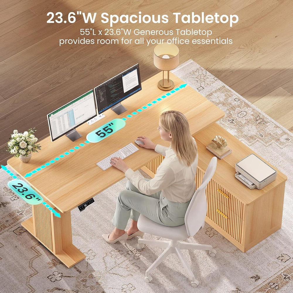 SEDETA Fluted L Shaped Executive Electric Standing Desk with Drawers