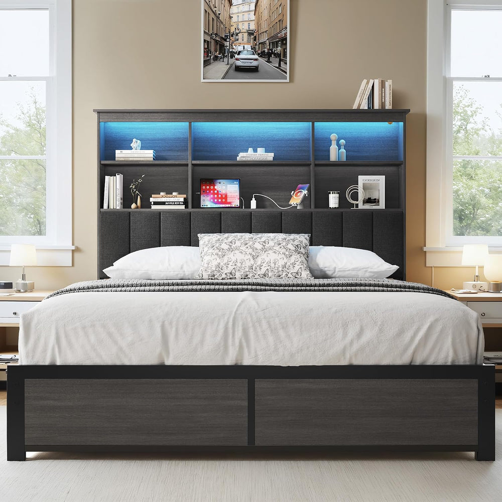 HISOFT Queen Bed Frame with Storage Headboard, Wooden Bed with High Storage B...