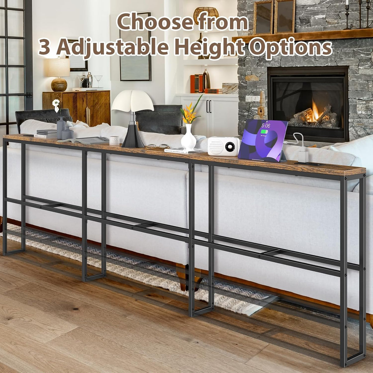 102 in Narrow Behind Couch Table with 2 Power Outlets,Rustic Brown | 2 USB-C Ports ,Sofa Tables Narrow Long ,Small Space Furniture ,Slim Console Table for Entryway & Small Spaces