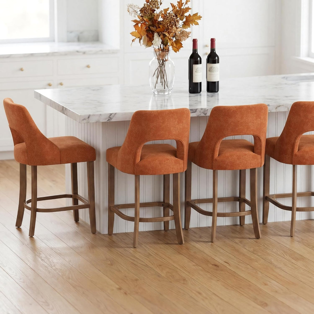 UVV Bar Stools Set of 2, Upholstered Counter Height Bar Stools, Modern Counter Stools with Wood Legs for Kitchen Island Dining Room Bar, Orange
