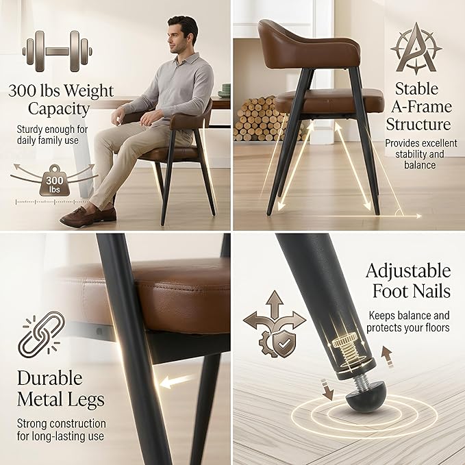 HNY Modern Dining Room Arm Chairs Set of 6, Retro Faux Leather Upholstered Barrel Dining Chairs with Arms Mid-Century Brown Accent Chair with Metal Legs, Open-Back Kitchen Side Chair for Living Room