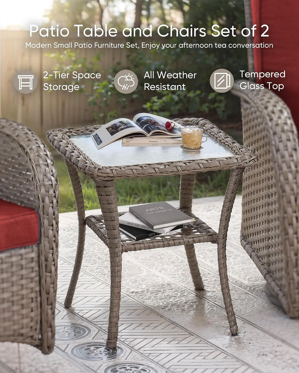 HUMMUH 6 Piece Wicker Patio Set, Swivel Rockers & Glider, Grey/Red