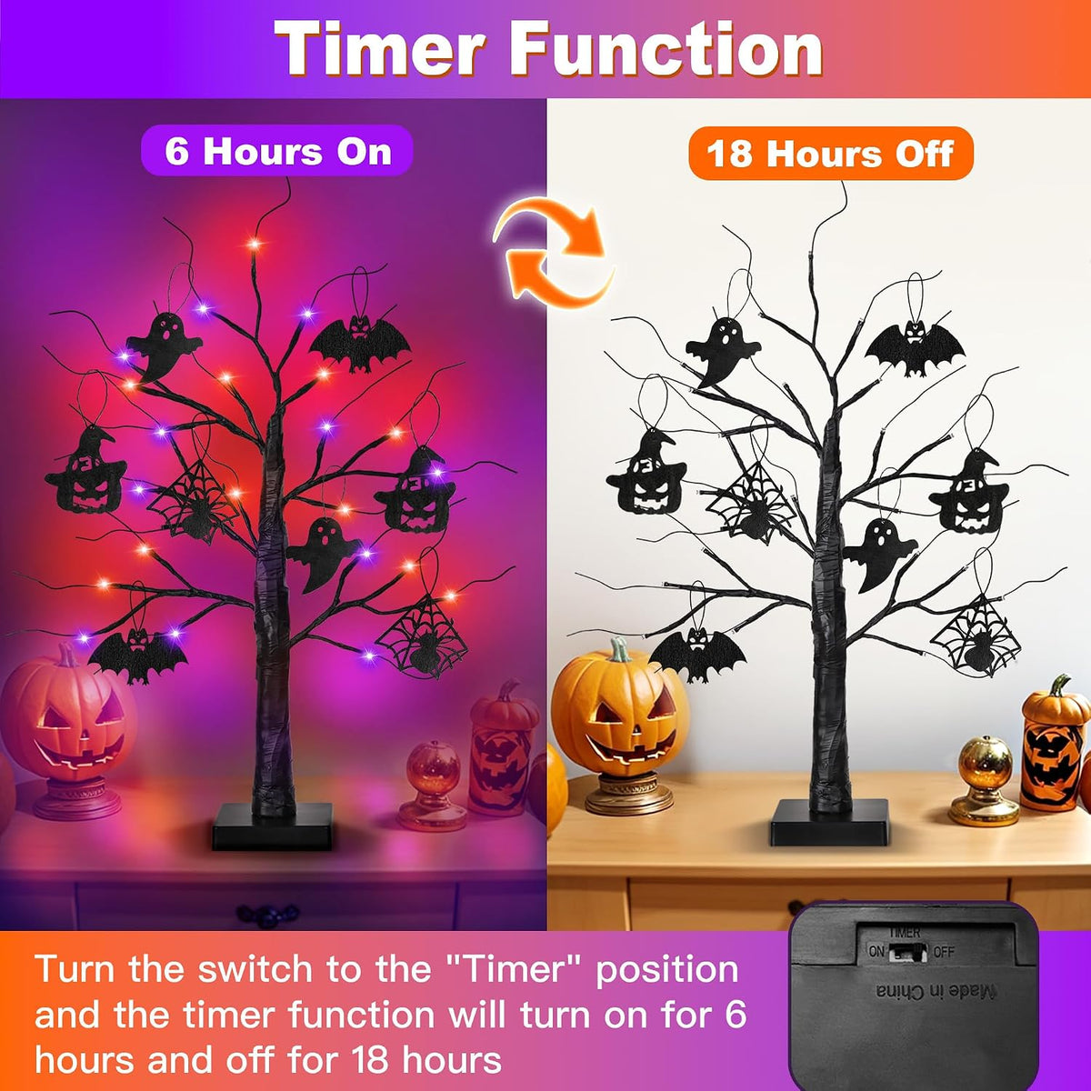 Halloween Decorations Indoor 2 Pack 24 Inch Black Halloween Tree with 24 LED Orange Purple Lights, USB/Battery Operated Halloween Table Decorations Tree Light with Timer, Scary Spooky Home Decor