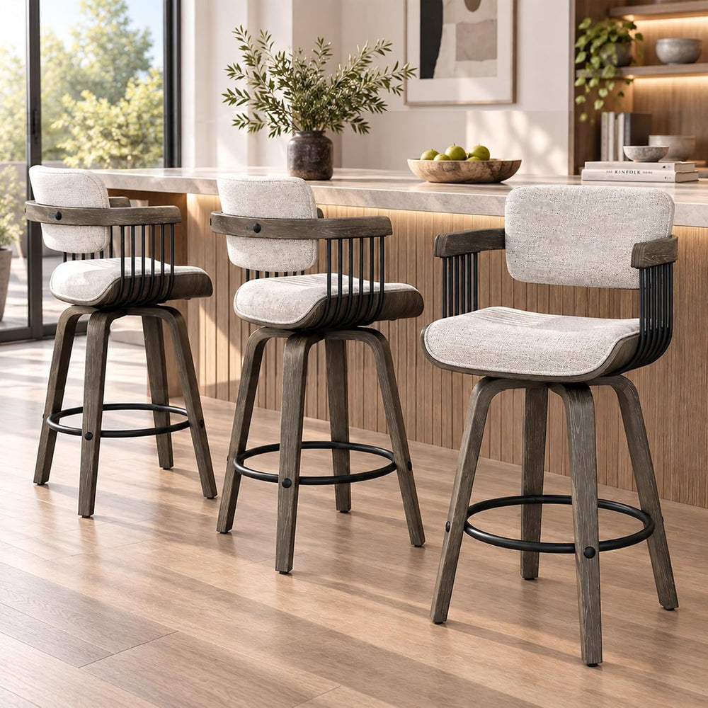 REONEY Mid Century Bar Stools Set of 3, Bentwood Frame, Light Gray Fabric