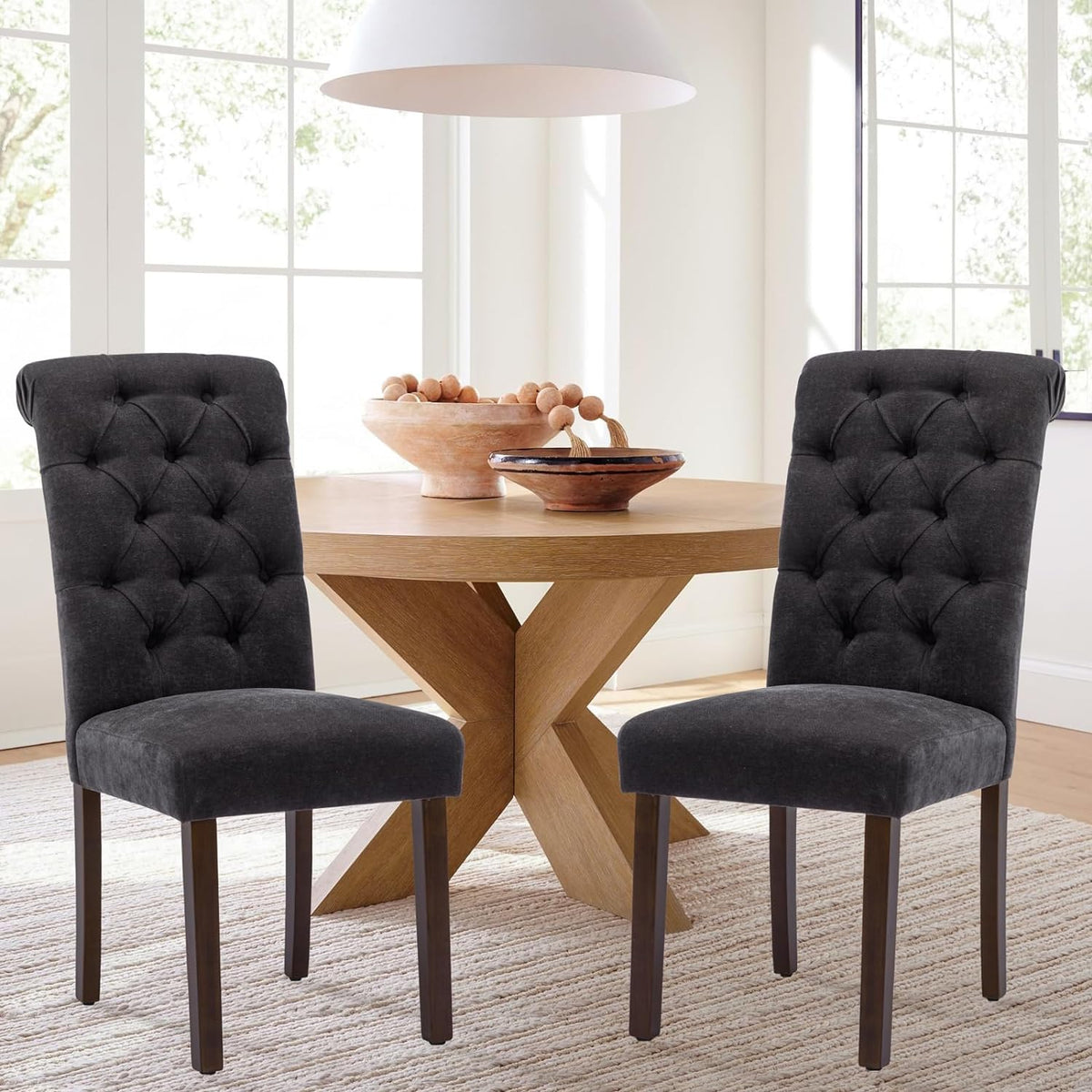 COLAMY Button Tufted Dining Chairs Set of 2, Accent Parsons Diner Upholstered Fabric Dining Room Stylish Kitchen Chairs with Solid Wood Legs and Padded Seat, Black