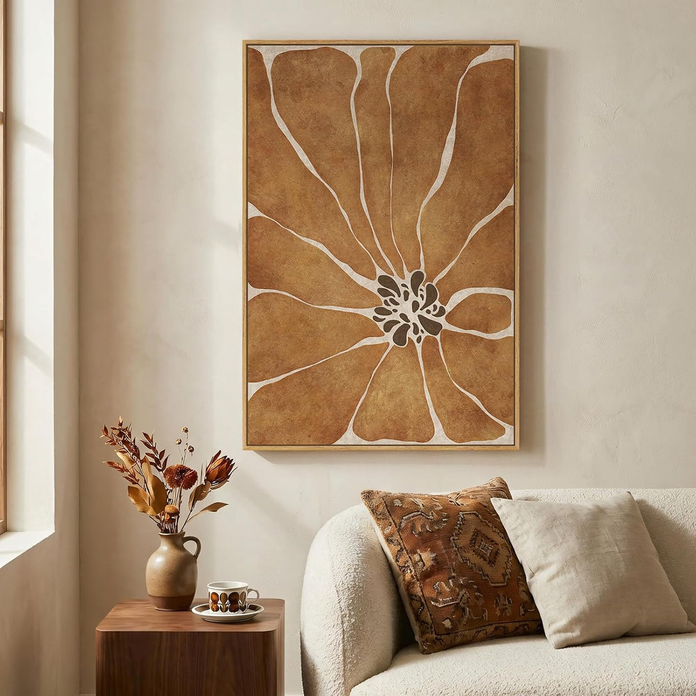 Large Framed Boho Abstract Brown Floral Wall Art for Living Room, 24x36 In