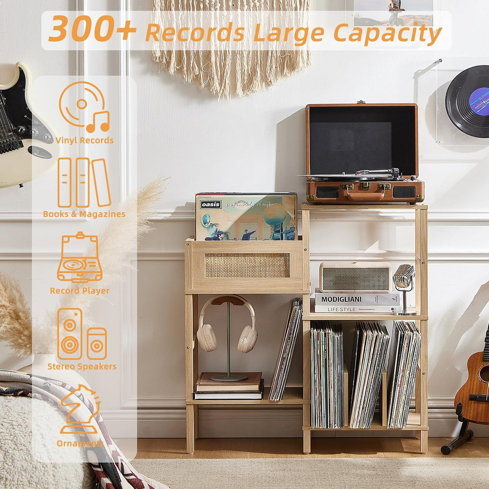 LELELINKY Record Player Stand, Natural Oak Wood Record Holder with Vinyl Stor...