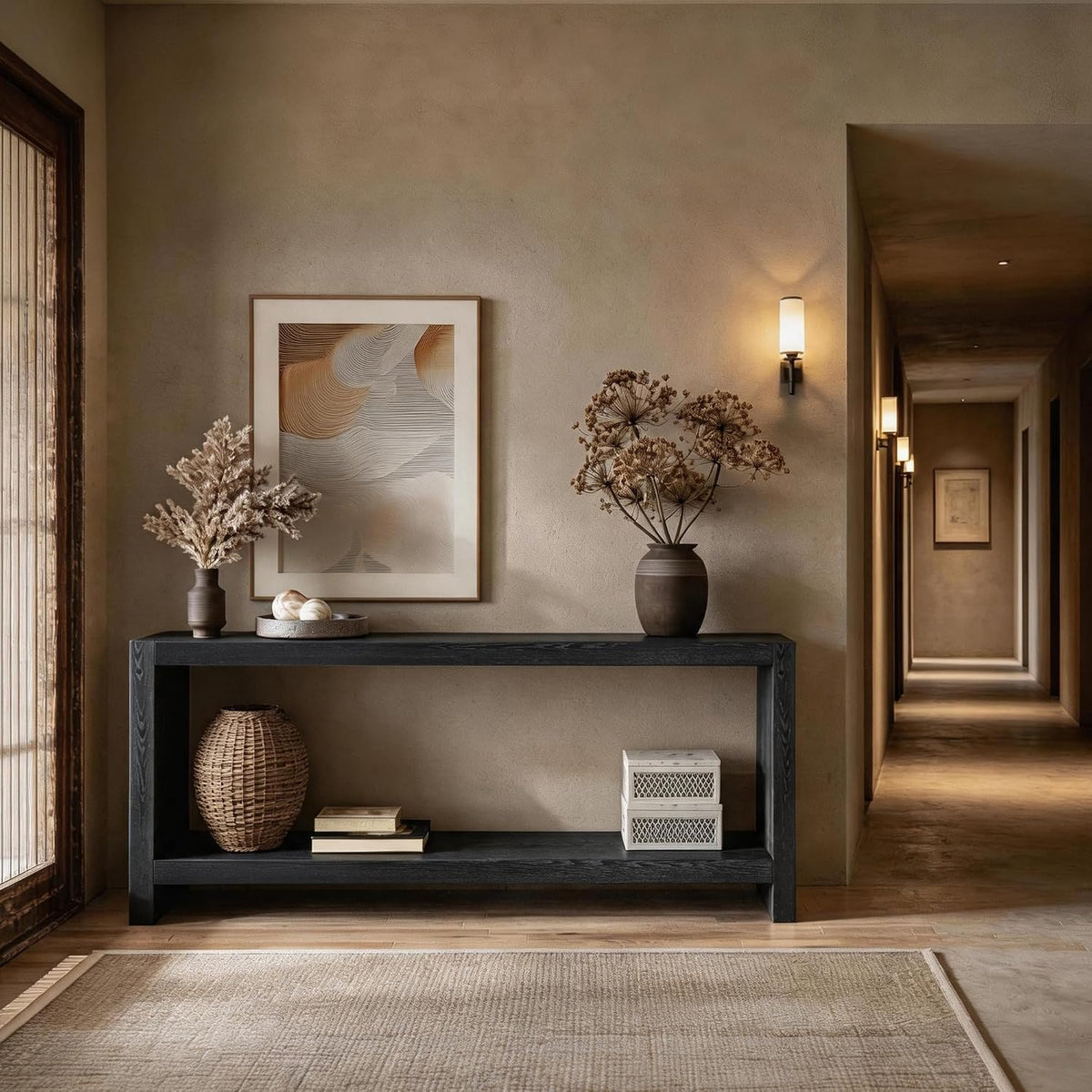 LUMISOL Farmhouse Console Table with Shelf & Wood Veneer, Black
