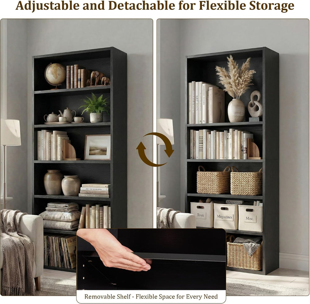 Black Tall Bookshelf with Adjustable Shelf, 6 Tier Display Storage Shelves