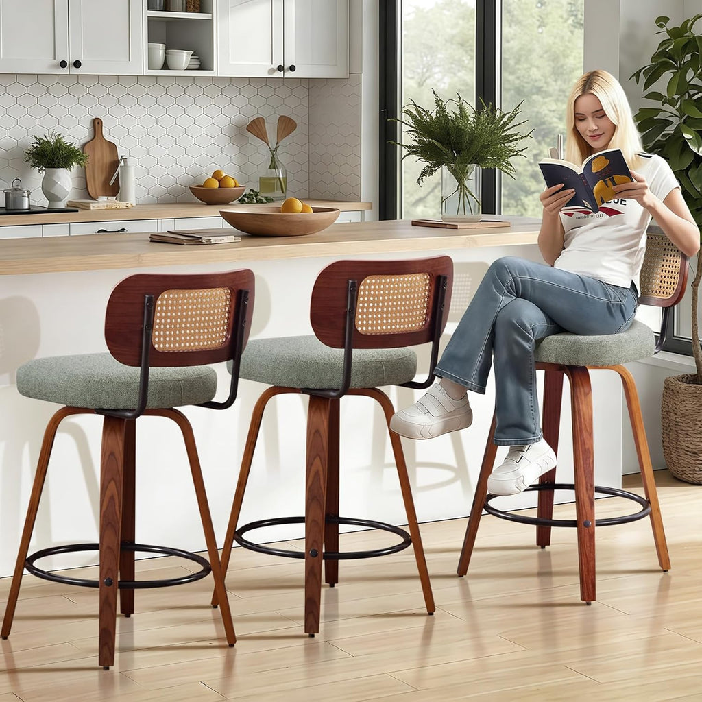 SoarFlash Modern Swivel Bar Stools Set of 3, 26" Counter Height Bar Stools with Walnut Wood Legs, Rattan-Back, PU Leather/Linen Seat, Metal Footrest for Kitchen Island