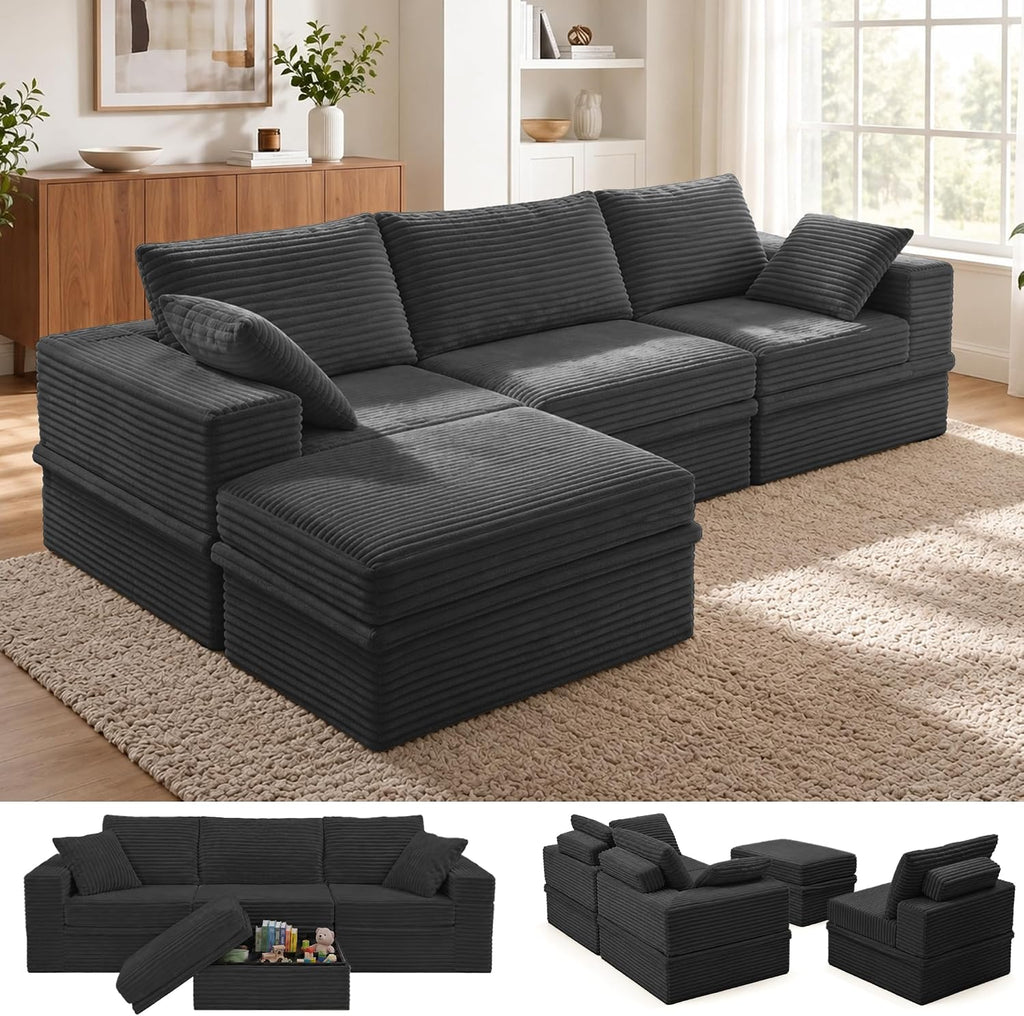 107" L-Shaped Modular Sectional Sofa with Movable Ottoman, Oversized Boneless Couch with Storage for Living Room, Corduroy Cloud Couch with High-Back Extra Deep Seats, No Assembly, Dark Grey