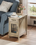 WLIVE End Table with Charging Station, Narrow Side Table for Living Room, Farmhouse Night Stand with Storage, Small Wooden Cabinet Nightstand with USB Ports and Outlets, 23.62" D x 13.78" W x 23.62" H