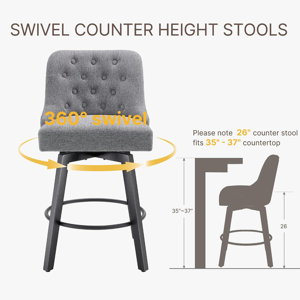 KISLOT Swivel Barstools, 26" Counter Height,2-Pack,Gray