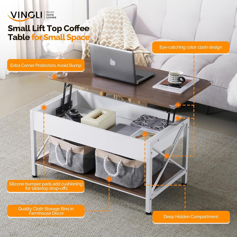 VINGLI 36" Small Lift Top Coffee Table with 2 Free Cloth Storage Bins