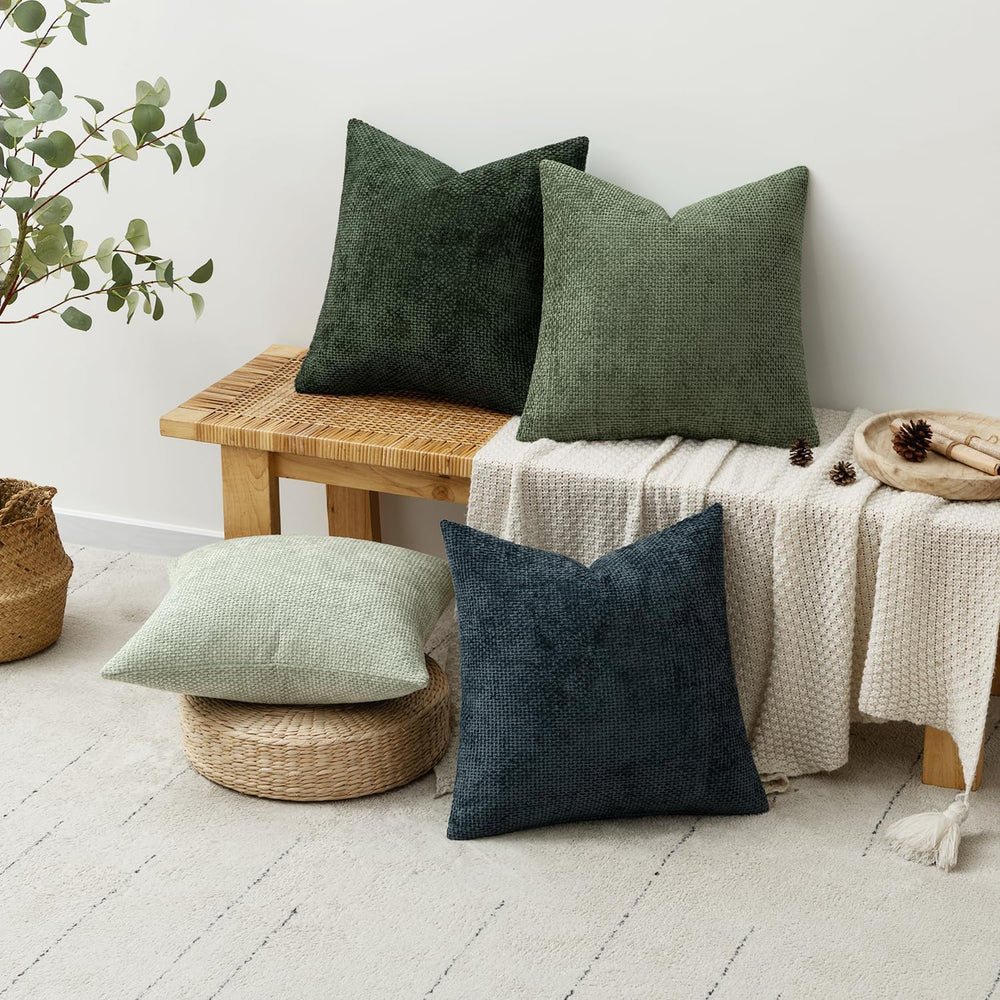 MIULEE Soft Decorative Chenille Pillow Covers Green Navy 18x18 Pack of 4