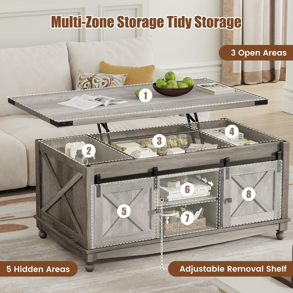 ALLSTAND 48" Farmhouse Lift Top Coffee Table with Storage Sliding Barn D...