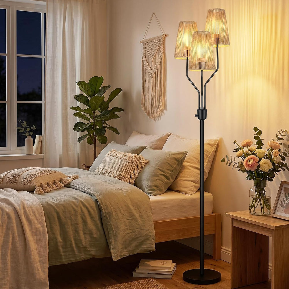 Bairth Boho Floor Lamp, Farmhouse Rattan 3-Light Floor Lamp for Living Room