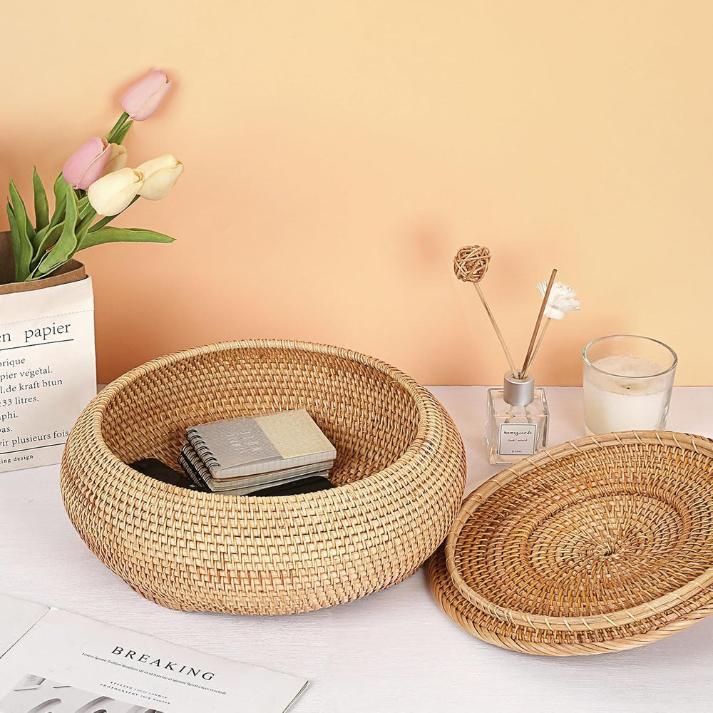 Hipiwe Round Rattan Boxes with Lid, X-Large Woven Wicker Bread Basket Bin