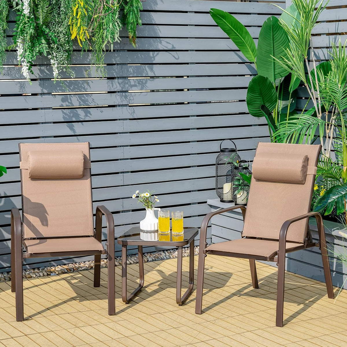 Tangkula Outdoor Bistro Set, 3 Pieces Patio Recliner Stackable Chairs with Adjustable & Folding Backrest, Removable Headrest and Tempered Glass Coffee Table Set, Patio Conversation Set (Brown)