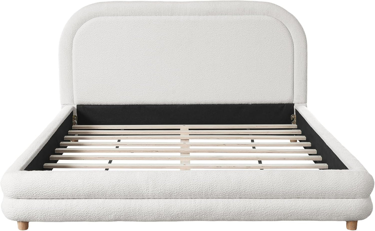 Virubi Queen Size Boucle Upholstered Bed Frame with Boucle Upholstered Thick Curved Headboard, Modern Half-Round Design Platform Bed with Solid Wood Legs, White (Queen)