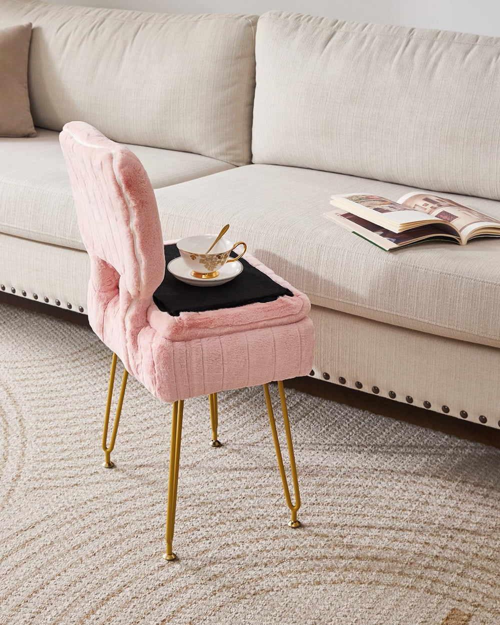 IBUYKE Vanity Stool with Storage, Folding Back Makeup Chair, Pink WBD030P
