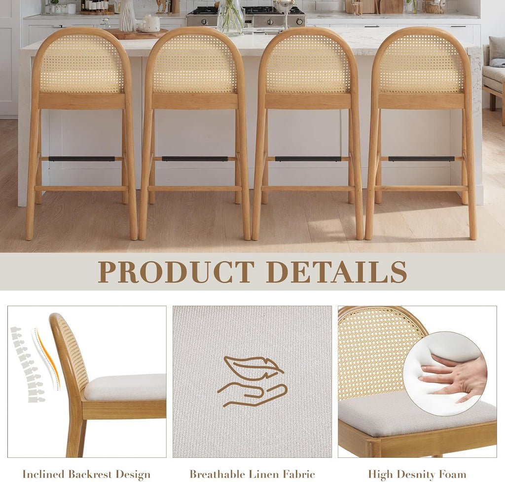 HEAH-YO Rattan Bar Stools Set of 2, 26 Inch Wood Counter Stools with Bakcrest, Linen Kitchen Stool for Island, Beige