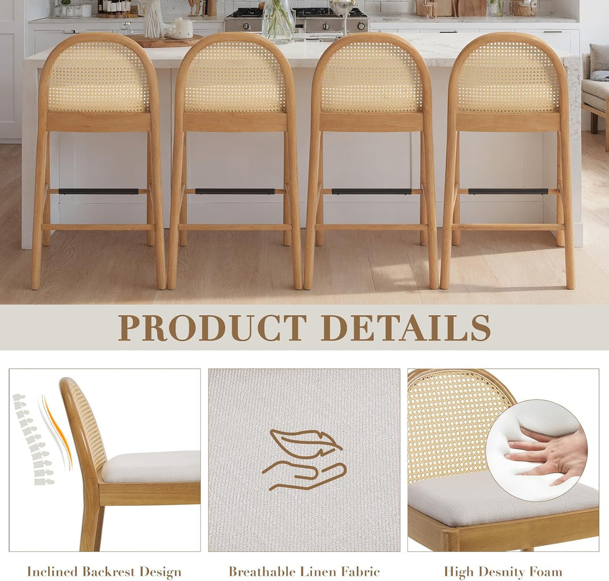 HEAH-YO Rattan Bar Stools Set of 2, 26 Inch Wood Counter Stools with Bakcrest, Linen Kitchen Stool for Island, Beige