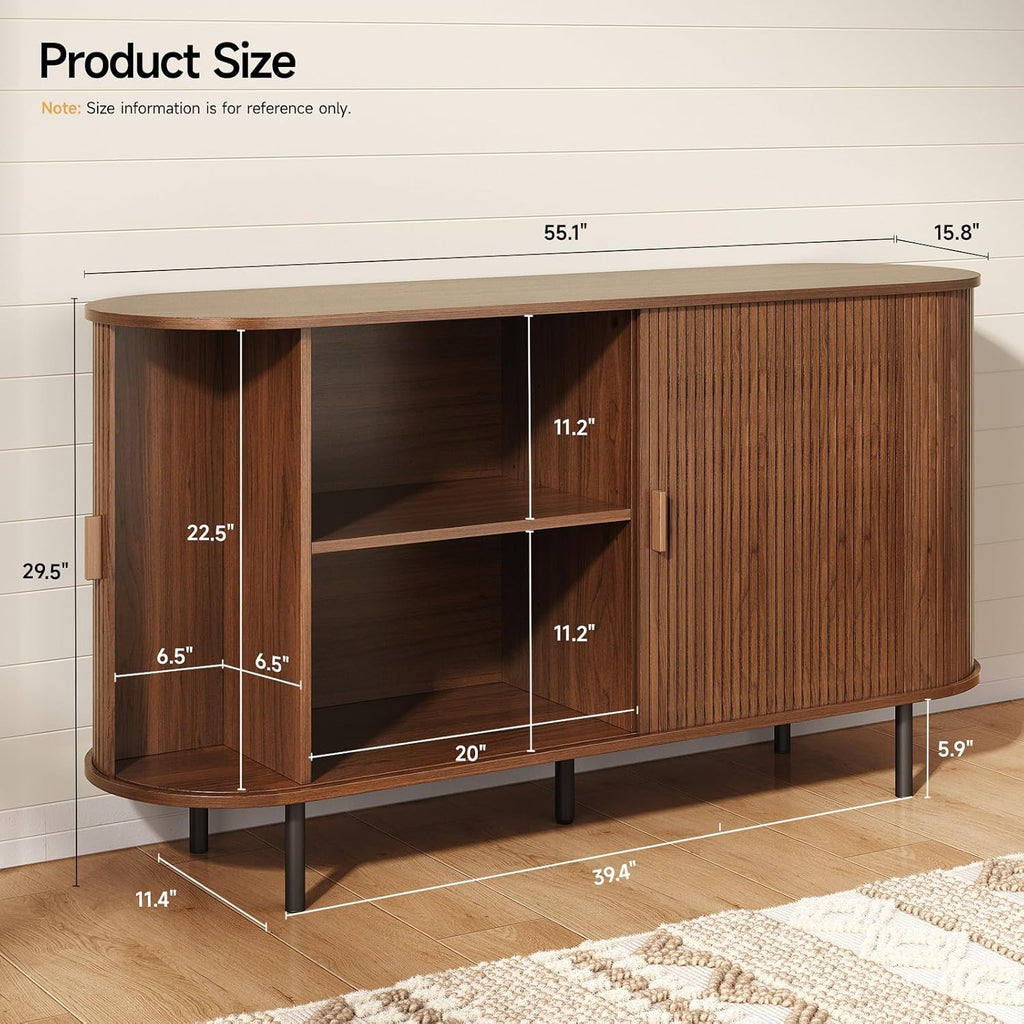 ONBRILL 55" Sideboard Buffet Cabinet, Sliding Door/Adjustable Shelf, Walnut