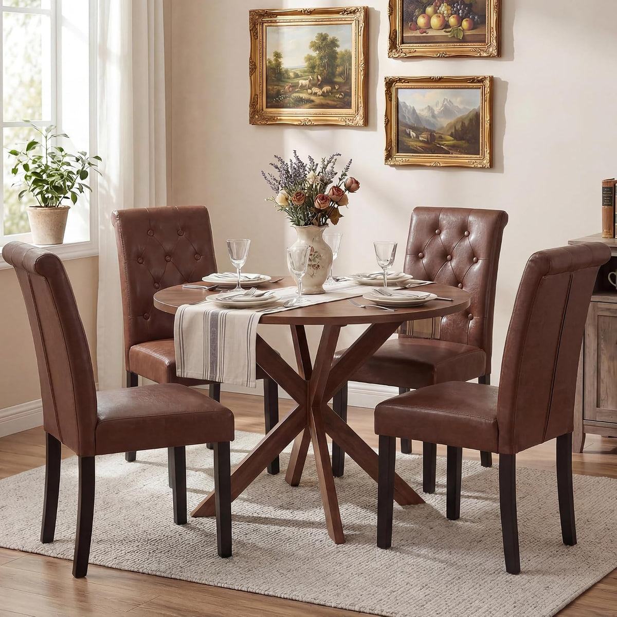 LSSBOUGHT Set of 2 Modern Tufted Dining Chairs, Button Padded Fabric Chairs with Solid Wood Legs, Upholstered Armless Dining Side Chairs for Home Dining Room(Brown,No Table)