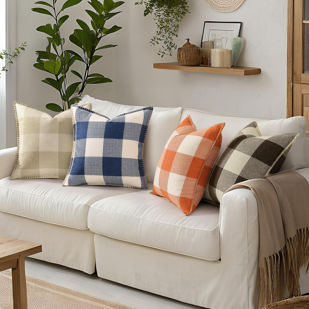 decorUhome Fall Plaid Linen Throw Pillow Covers 26x26 Set of 2 Brown Beige