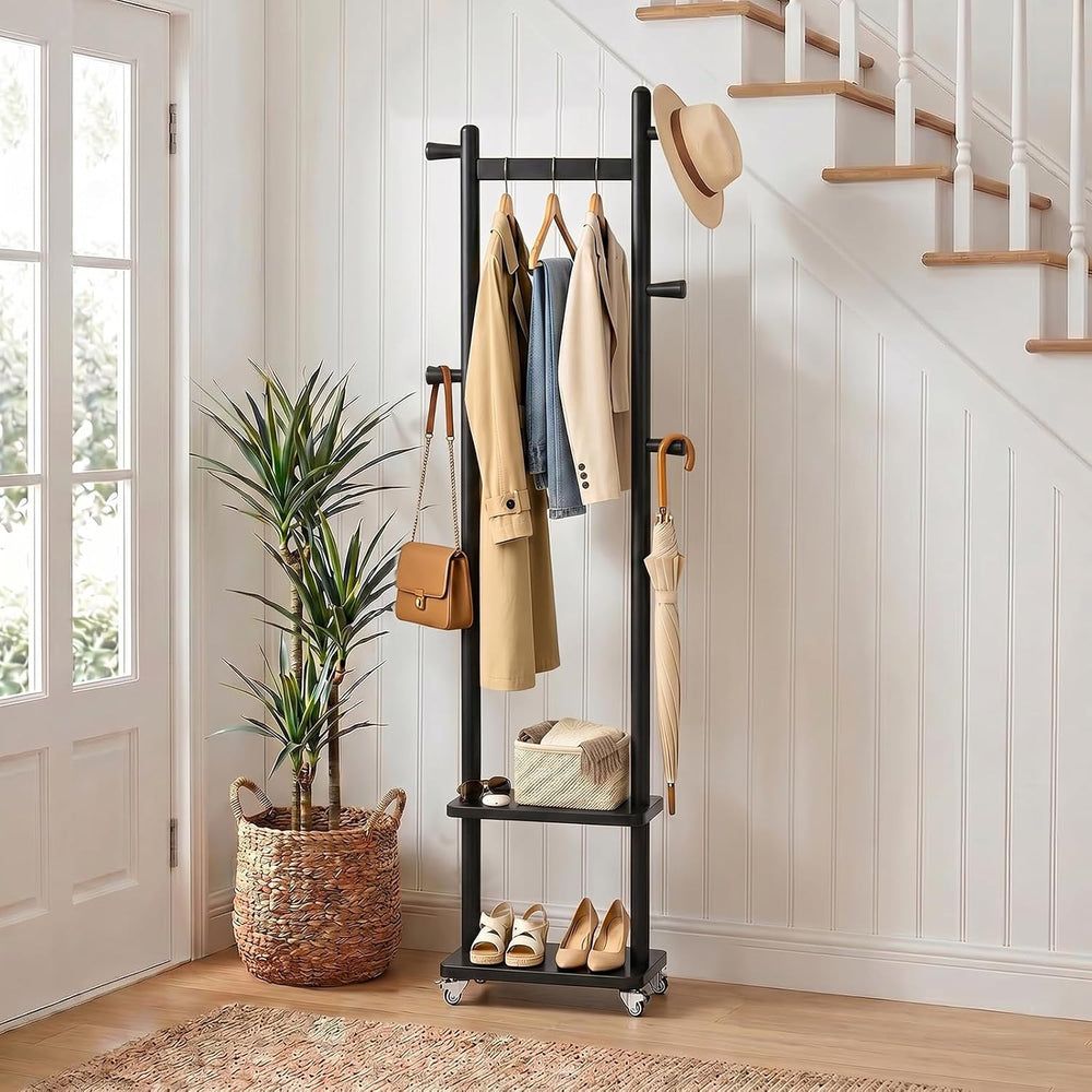 Taitiy Small Clothes Rack Solid Wood Coat Rack Freestanding with Wheels