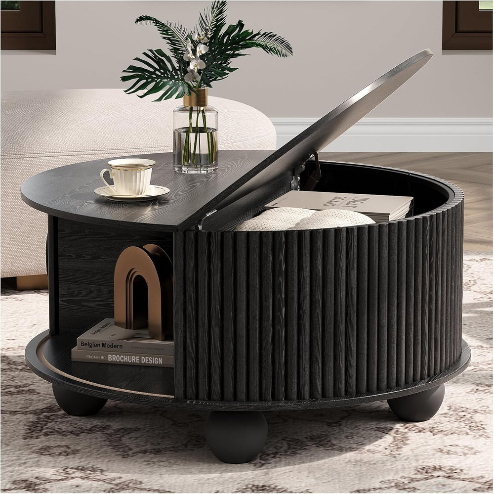 JOINICE 31.5" Round Coffee Table with Storage,Unique Bun Feet,Black