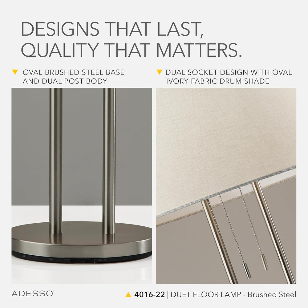 Adesso 2-Light Floor Lamp, Brushed Steel & Ivory, Dual Pull Chains, 62”