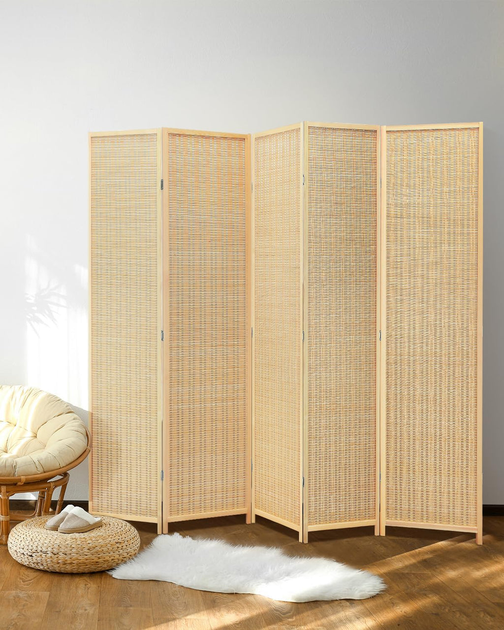 JOSTYLE Bamboo Room Divider, 5-Panel Folding Privacy Screen, 6 ft. Tall