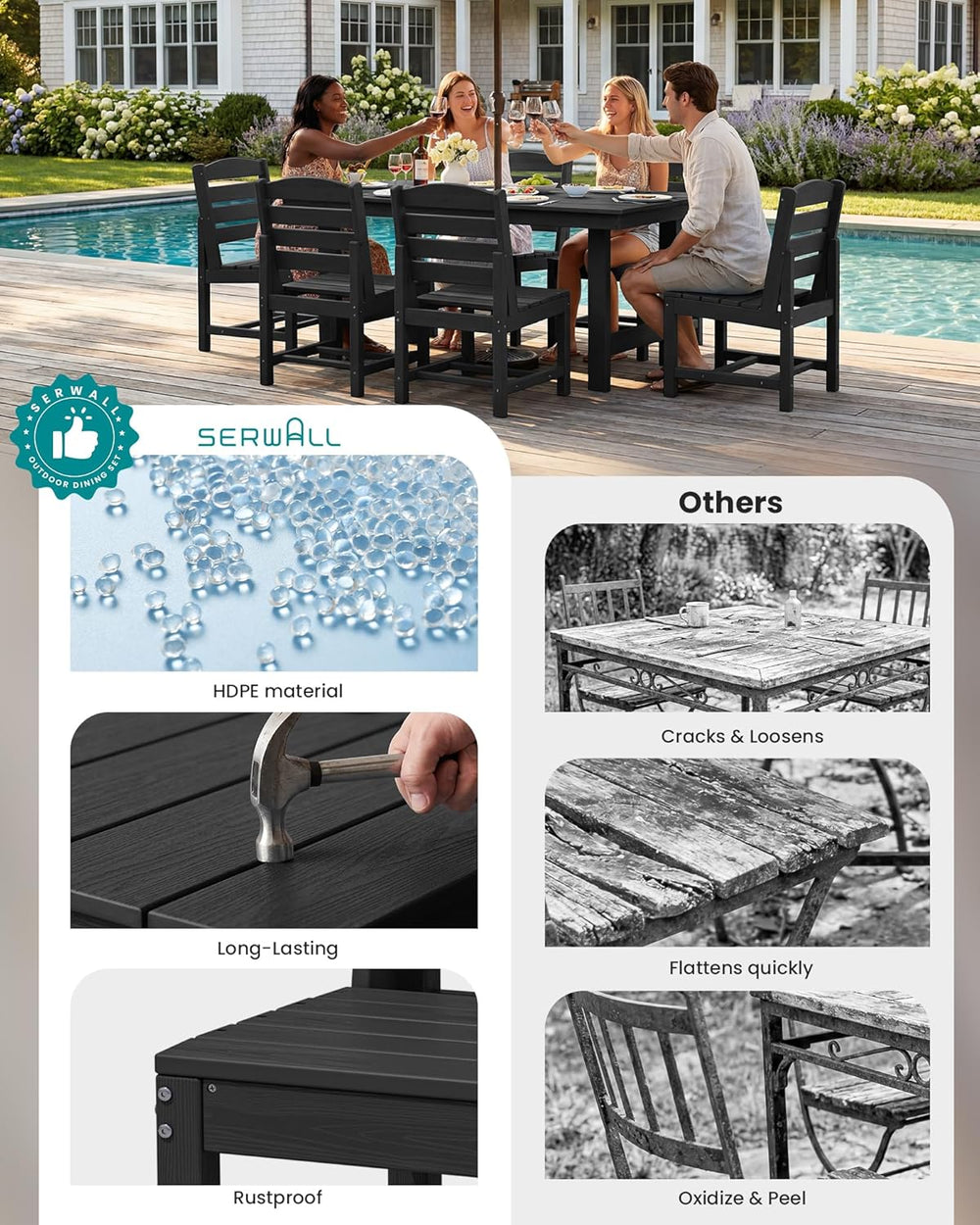 SERWALL Armless Outdoor Dining Set, Patio Dining Set for 6, Black