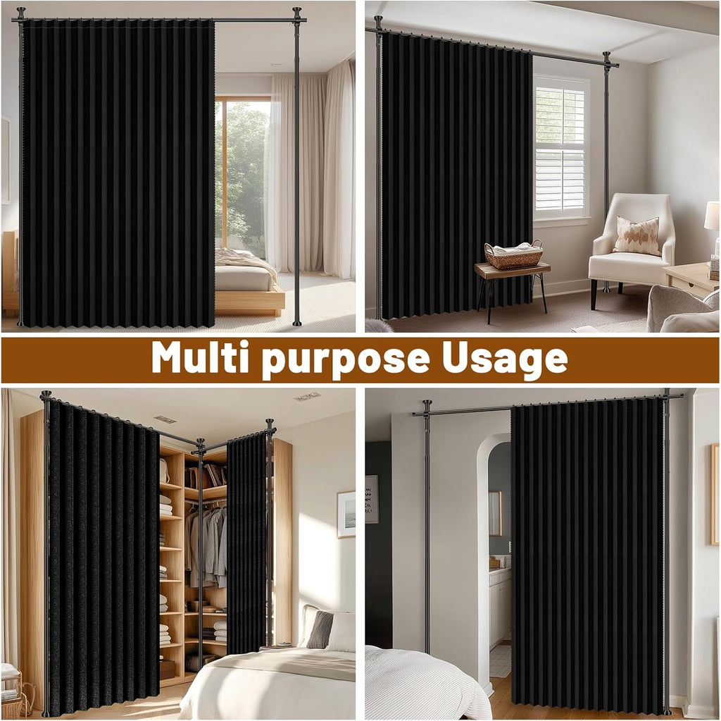 AJAZZ Room Divider Curtain (Black, W100 x L84 in, 1 Panel)+ Tension Curtain Rod No Drilling (H) 43-120×(W) 35-100 in, for Privacy/Soundproof Curtains, Heavy Duty Wall Separator