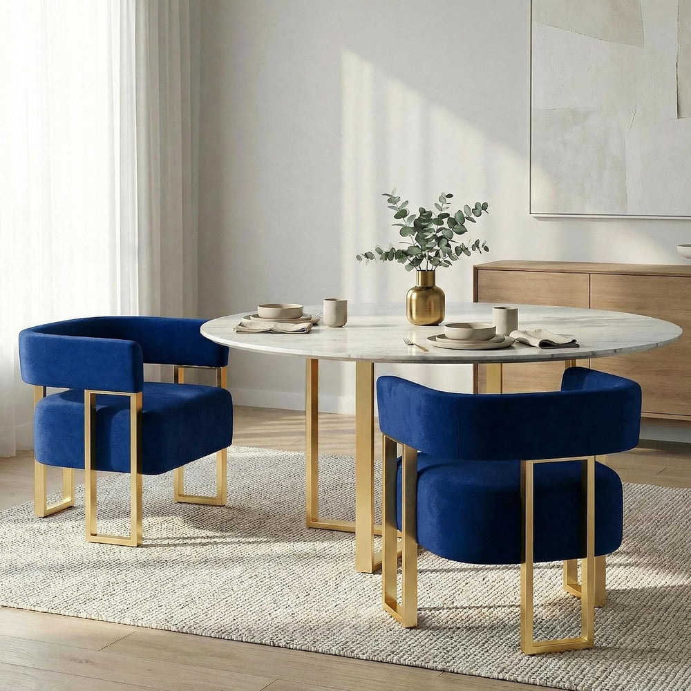 Velvet Dining Chairs Set of 2, Blue Upholstered Accent Armchairs, Gold Legs