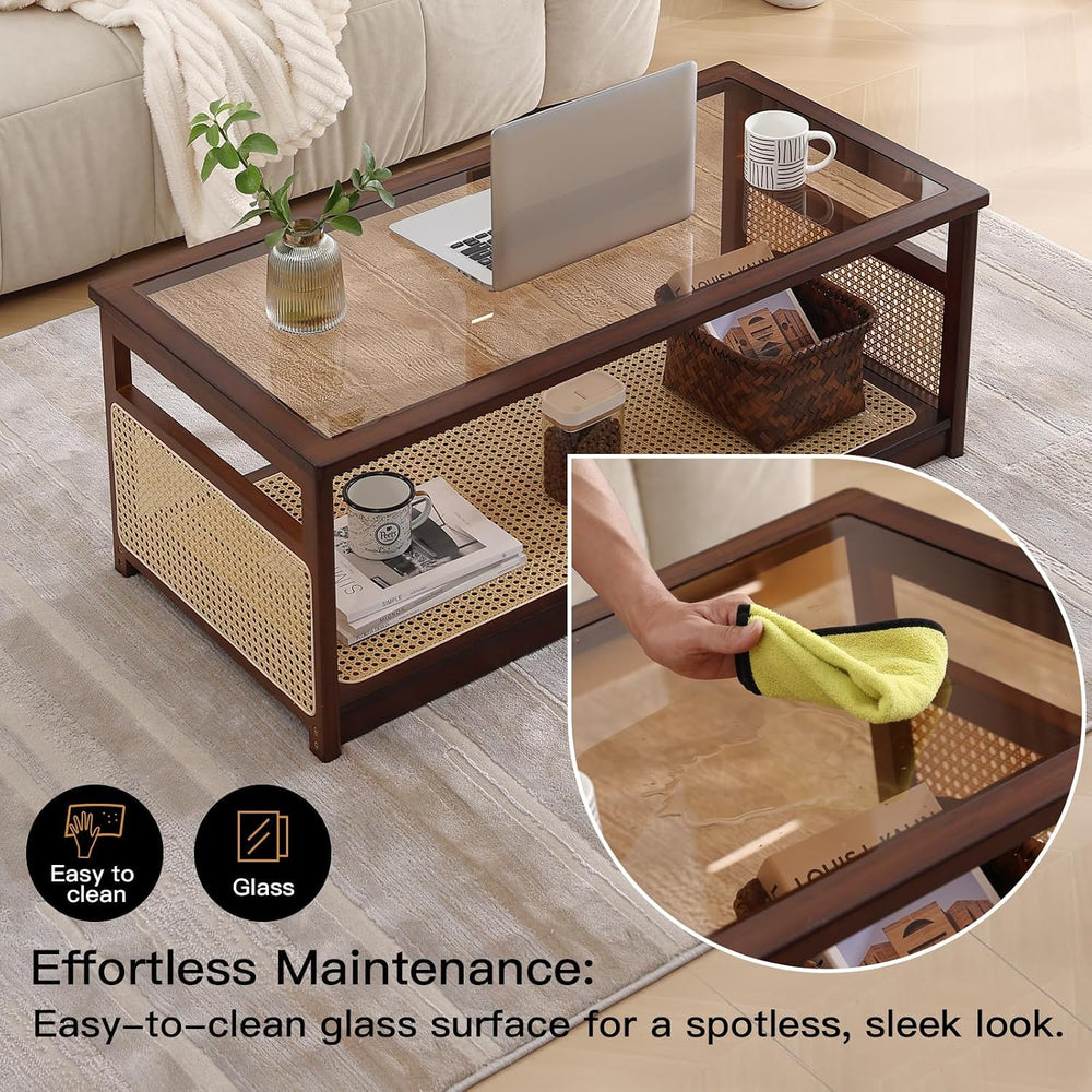 Welnow Rattan Coffee Table, 2-Tier Mid Century Modern Coffee Table, Walnut