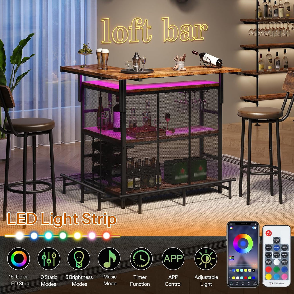 HOOBRO Home Bar Unit, L-Shaped Bar Table with Glasses Holder & 4-Tier Shelves, Corner Mini Liquor Cabinet with Footrest & LED Light APP Control for Home, Pub, Rustic Brown and Black BF129DBT01