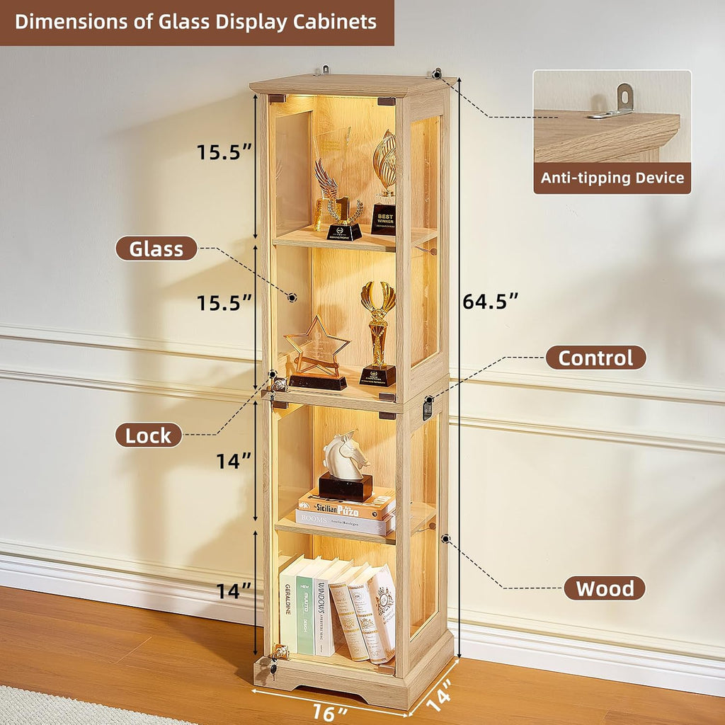 LELELINKY Farmhouse Narrow Glass Display Cabinet with Doors & Lock, Natural