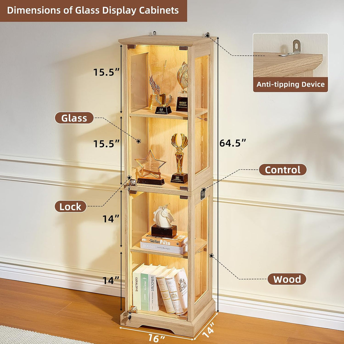 LELELINKY Farmhouse Narrow Glass Display Cabinet with Doors & Lock, Natural